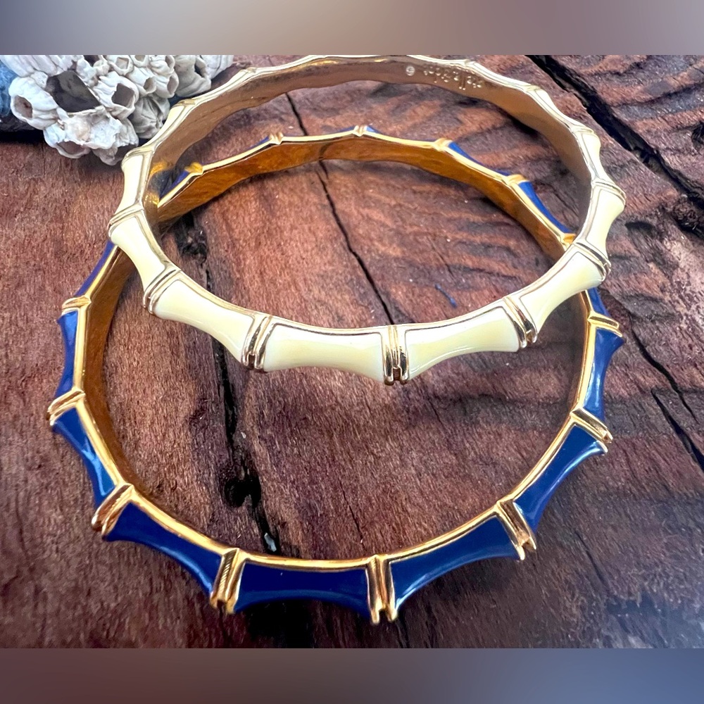 Stella & dot Set 2x Enamel Bangles Gold and Royal Blue Bamboo Bangle S-M Costume